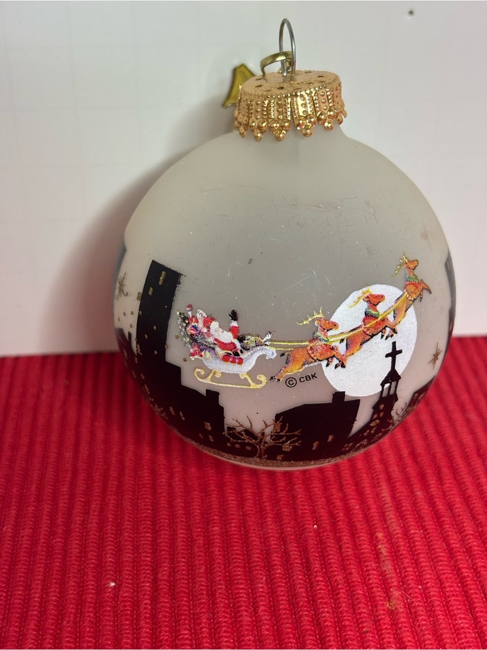 VTG CBK USA City Night Skyline  Santa Sleigh Glass Ornament - White, Gold & BLK